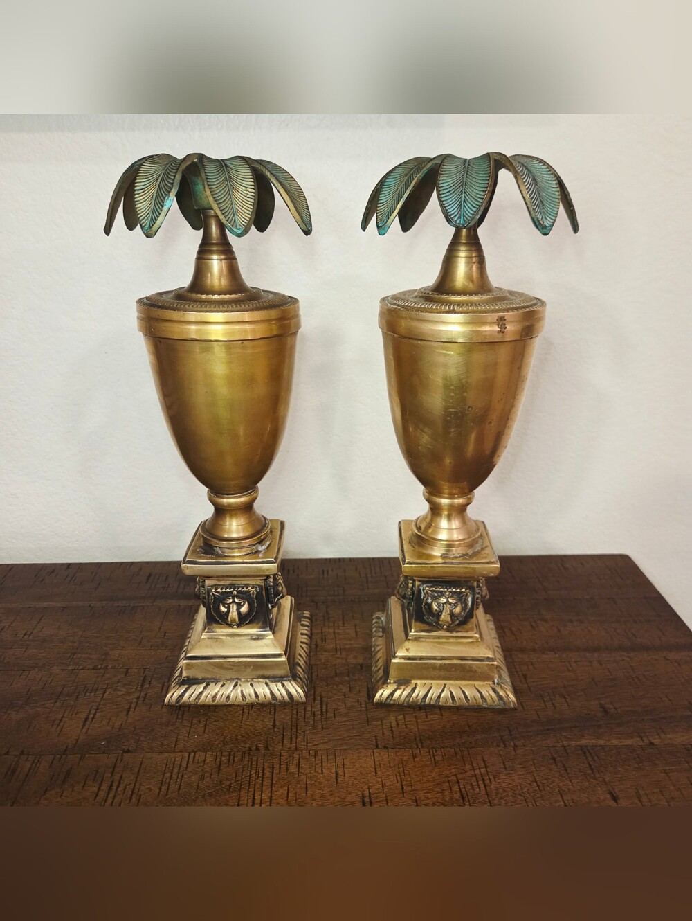 VTG Urn Pair Ornate Brass Palm Tree Lion Finials Regency Bombay Candle Holder